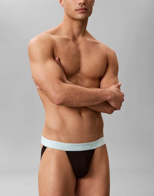 Calvin Klein Icon Cotton Stretch 3 pack jockstraps in black with coloured waistbands, 2 of 3