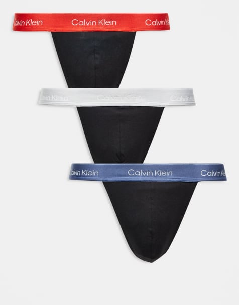 Calvin Klein Icon Cotton Stretch 3 pack lingerie thongs in black with red/blue/white waistbands - view 1