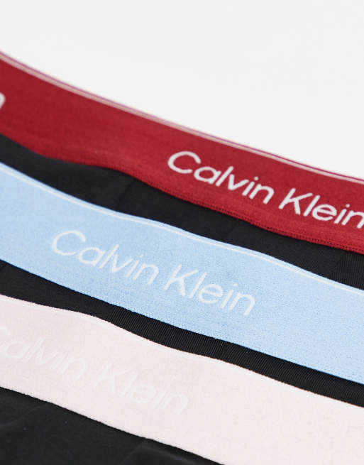 Calvin Klein Icon Cotton Stretch 3 pack low rise trunks in black with red/blue/cream waistbands, 2 of 3
