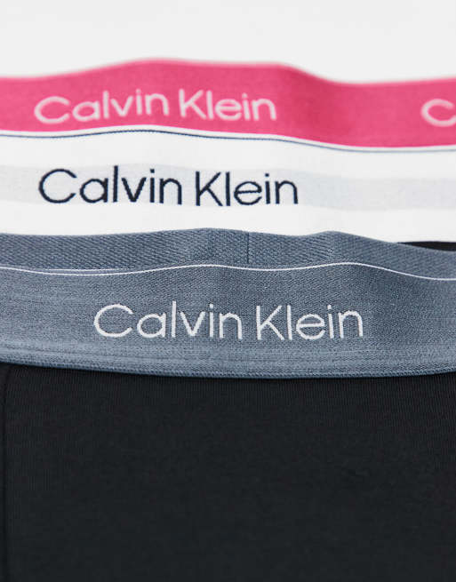 Calvin Klein Icon Cotton Stretch 3 pack relaxed trunks in black with pink/blue/white waistbands, 2 of 3