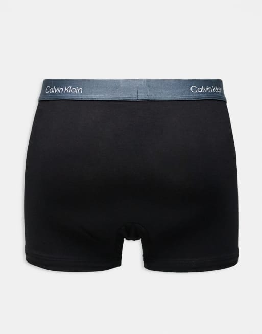 Calvin Klein Icon Cotton Stretch 3 pack relaxed trunks in black with pink/blue/white waistbands, 3 of 3