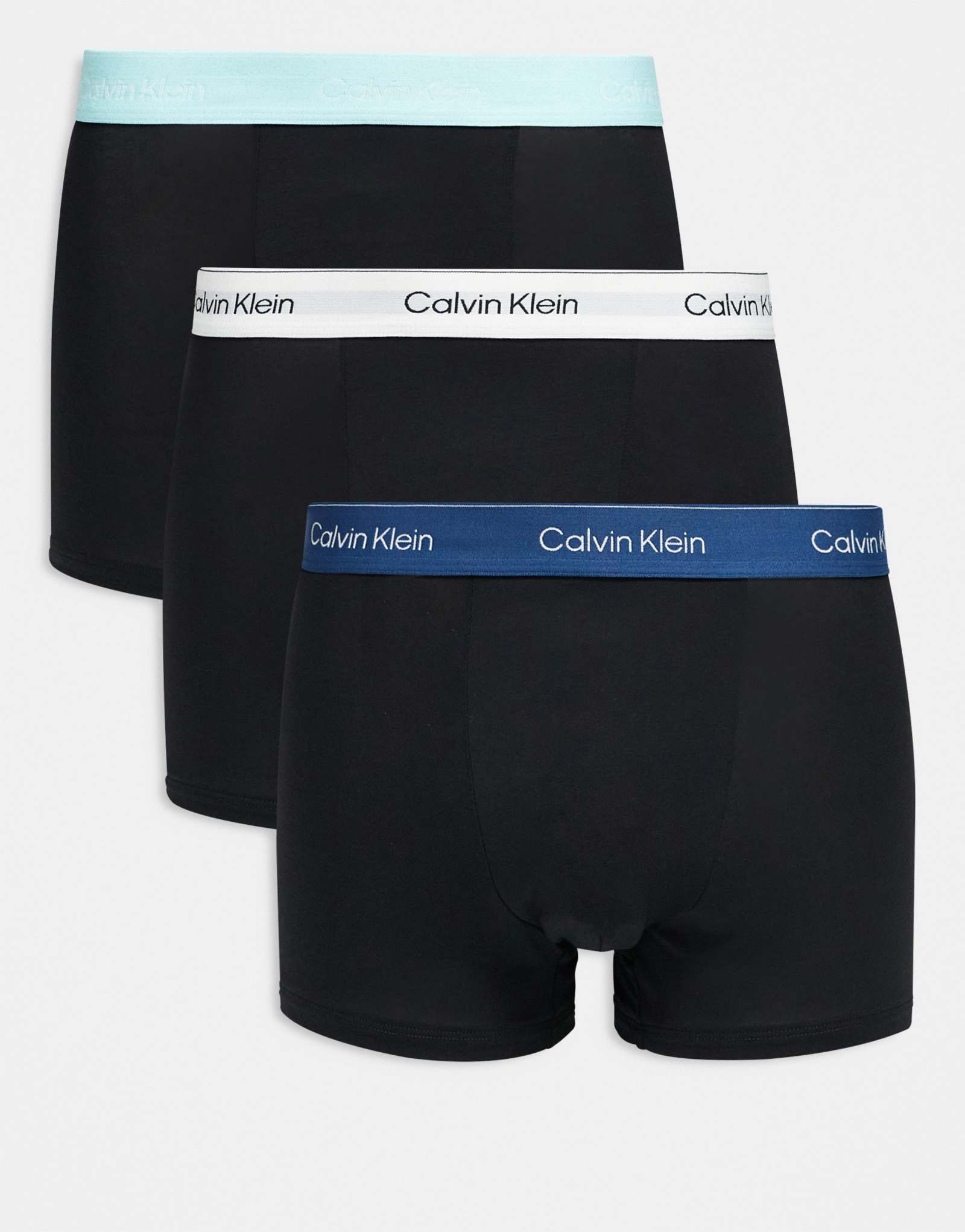 Хлопковые эластичные плавки Calvin Klein Icon из 3-х комплектов свободного кроя черного цвета с бирюзовыми/белыми/синими поясами