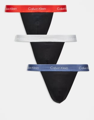 Calvin Klein Calvin Klein Icon Cotton Stretch 3 pack thongs in black with red/blue waistbands