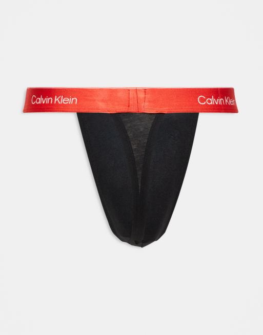 Calvin Klein Icon Cotton Stretch 3 pack thongs in black with red/blue/white waistbands, 2 of 3