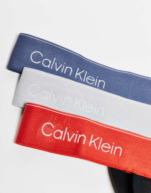 Calvin Klein Icon Cotton Stretch 3 pack thongs in black with red/blue/white waistbands, 3 of 3