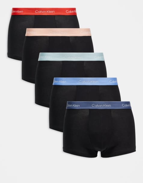 Calvin Klein - Icon Cotton Stretch - Confezione da 5 paia di boxer aderenti neri con fascia in vita rossa/blu - view 1