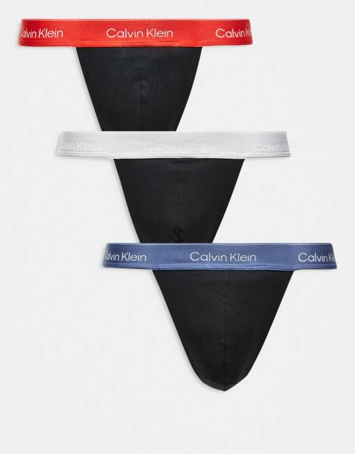 Calvin Klein - Icon Cotton Stretch - Pakke med 3 par sorte G-strenge med røde/blå taljebånd