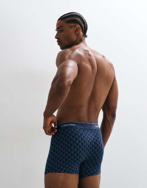 Calvin Klein Icon Cotton Stretch trunks with emblem print in denim blue, 3 of 3
