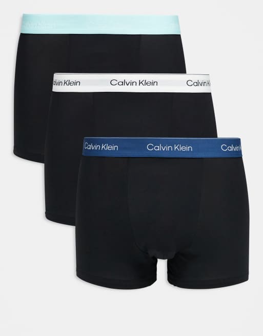 Calvin Klein – Icon Cotton Stretch – Zestaw 3 czarnych luźnych bokserek z turkusową, białą i niebieską gumką w pasie