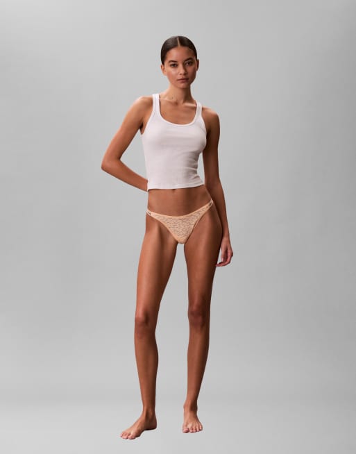 Calvin Klein Icon Lace dipped string thong in peach, 2 of 4