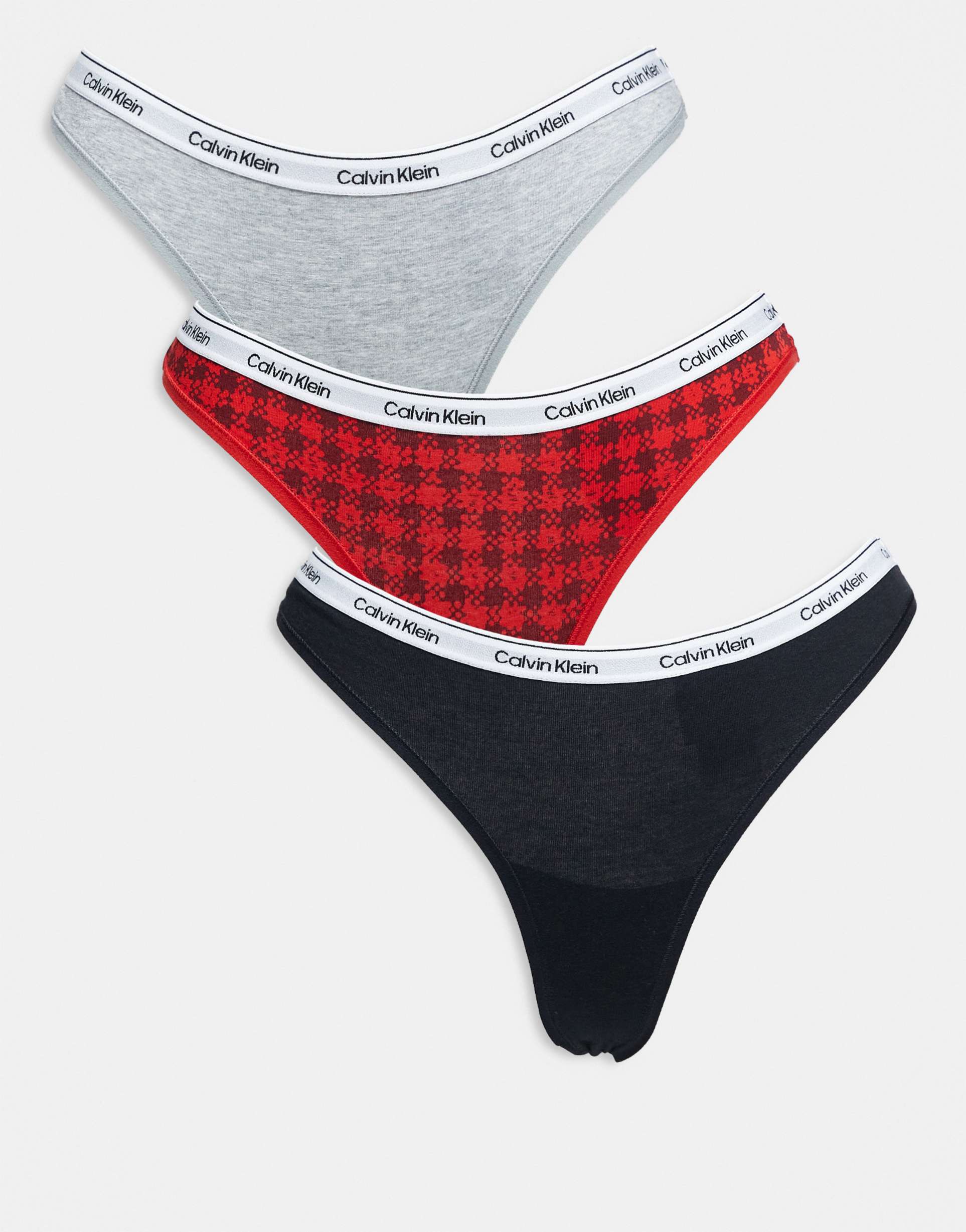calvin klein icon logo 3-pack thongs in black/gray/red tartan