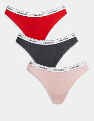 Calvin Klein - Icon Logo - 3er-Pack Tangas in Grau/Rot/Rosa mit Markenlogo-Bunt