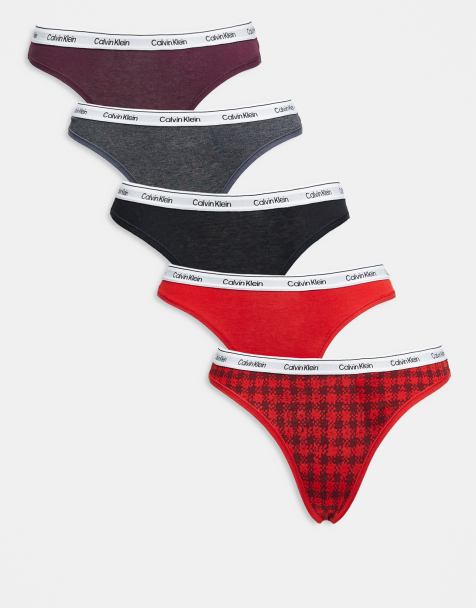Calvin Klein Icon Logo 5 pack lingerie thongs in black/grey/burgundy/red tartan - view 1