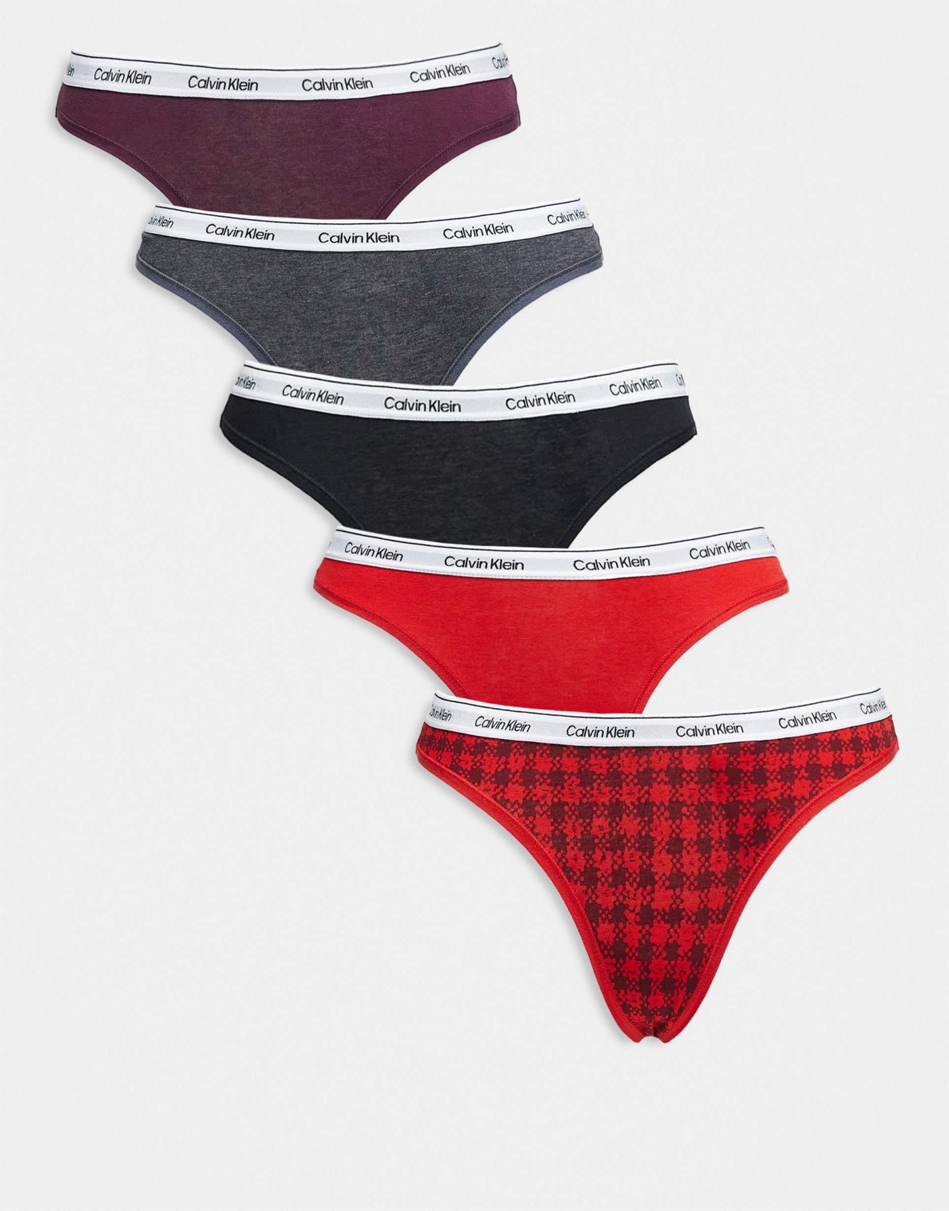 calvin klein icon logo 5 pack thongs in black/gray/burgundy/red tartan plaid
