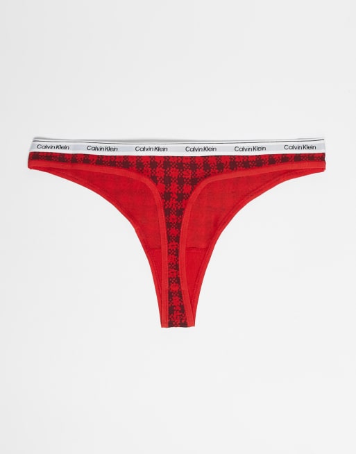 Calvin Klein Icon Logo 5 pack thongs in black/grey/burgundy/red tartan, 3 of 3