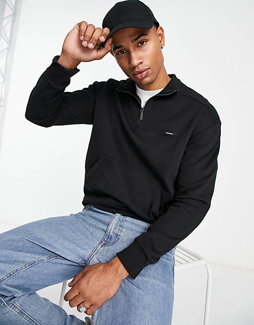 Calvin Klein icon logo comfort cotton blend half zip sweatshirt in black |  ASOS