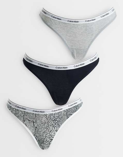 Calvin Klein icon logo lingerie thong 3 pack in black / grey / snake print - view 1
