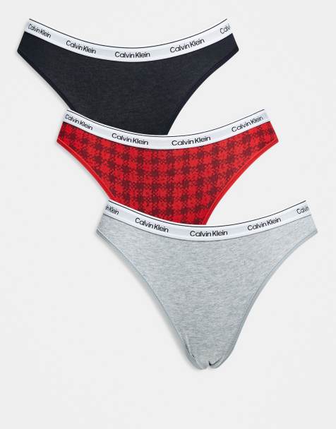 Calvin Klein - Icon - Sorte/grå/røde skotskternede bikinitrusser med logo i pakke med 3 par - view 1