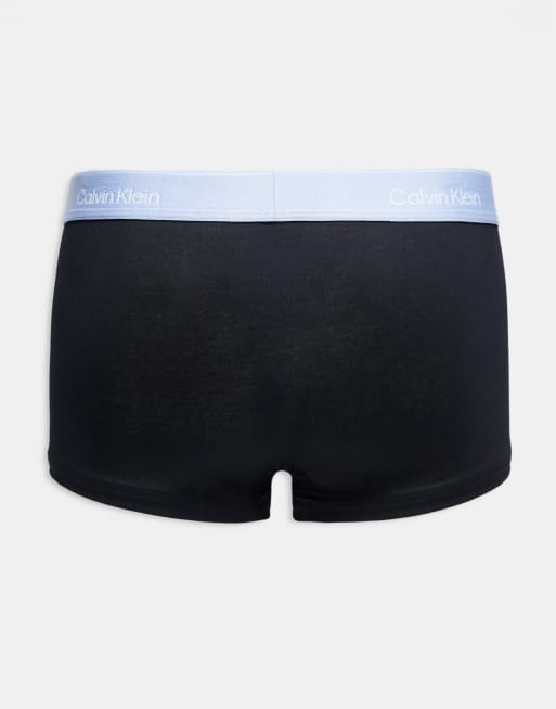Calvin Klein – Icon – Svarta, stretchiga trunks med låg midja och blått och grått midjeband i bomullsmix, 3-pack, 3 av 3