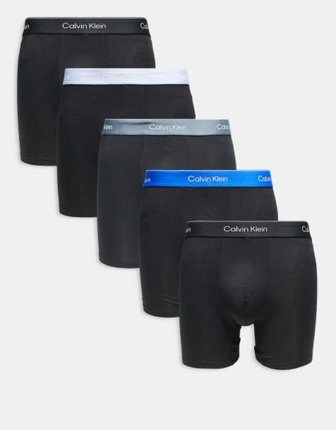 Calvin Klein – Icon – Zestaw 5 par czarnych bawełnianych bokserek ze stretchem z taśmą w pasie w kolorach szarym i niebieskim - view 1