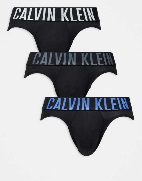 Calvin Klein Intense Power 3 pack cotton hip briefs in black with grey/blue logo waistbands - view 1