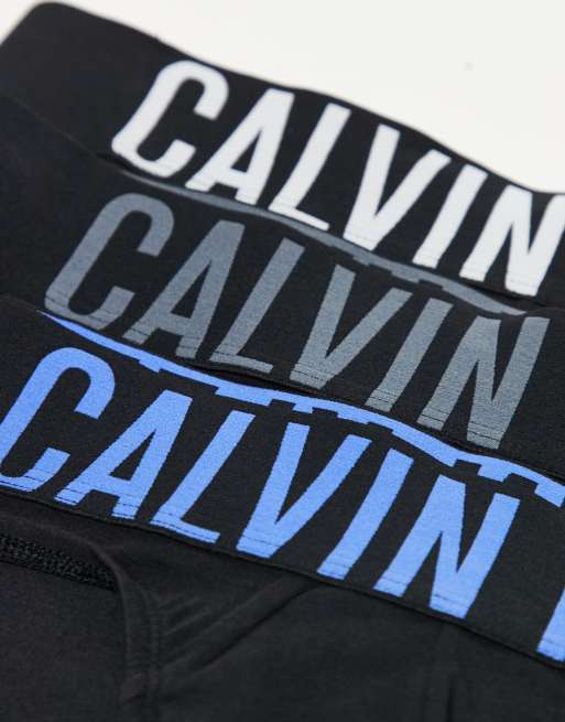 Calvin Klein Intense Power 3 pack cotton hip briefs in black with grey/blue logo waistbands, 2 of 3