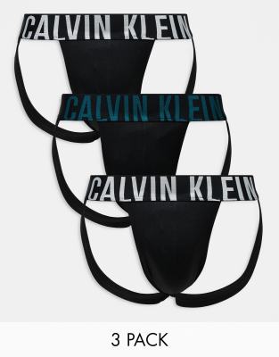 Calvin Klein Intense Power 3 pack jock strap with logo waistband in black