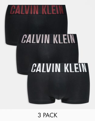 Calvin Klein Calvin Klein Intense Power 3 pack low rise trunk with coloured logo waistband in black