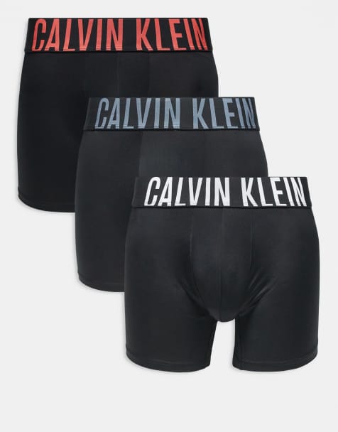 Calvin Klein Intense Power 3 pack microfibre boxer briefs in black with grey/rust logo waistbands - view 1