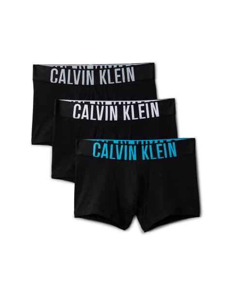 Calvin Klein Intense Power 3 pack trunks in black with blue/grey waistbands - view 1