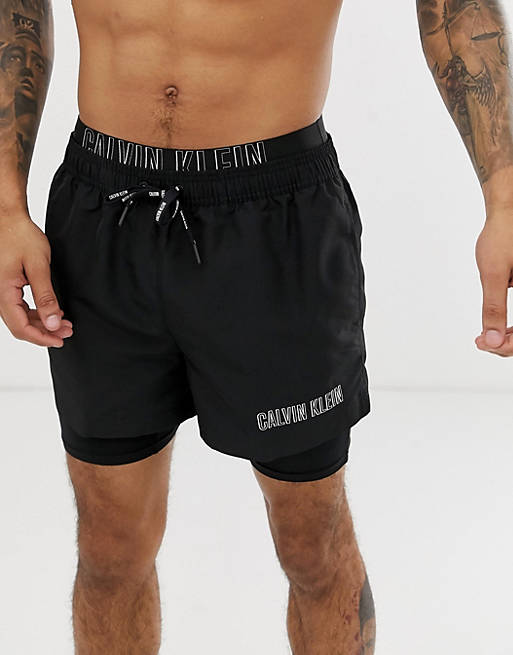 Calvin Klein Intense Power double waistband swim shorts with jammer in  black | ASOS