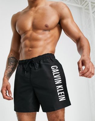 Calvin Klein Intense Power large side logo mid length swim shorts in black