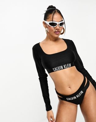 Calvin Klein intense power rib long sleeve bikini top in black