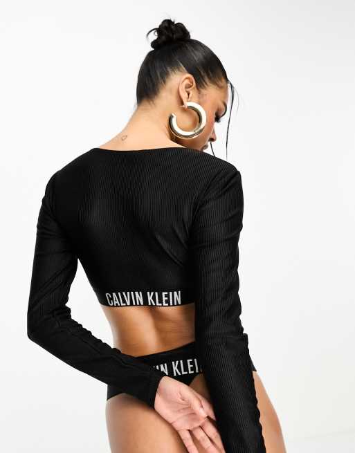 Calvin Klein intense power rib long sleeve bikini top in black