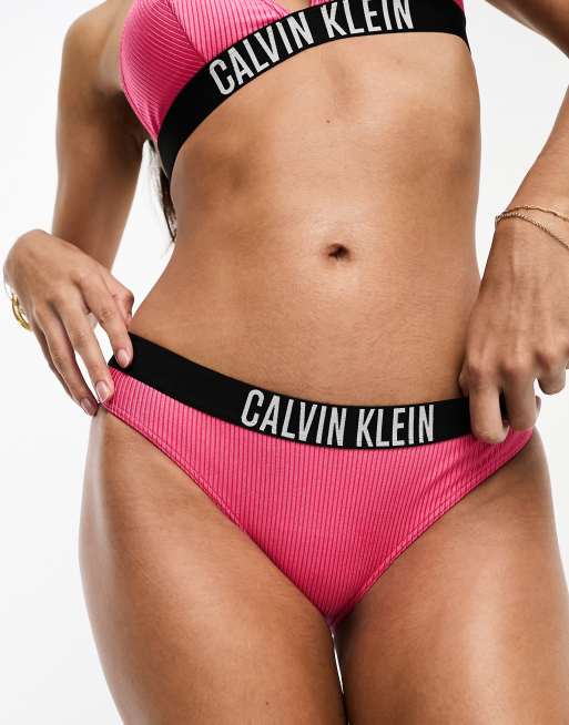 Calvin Klein Intense Power Rib Thong Bikini Bottom in Black