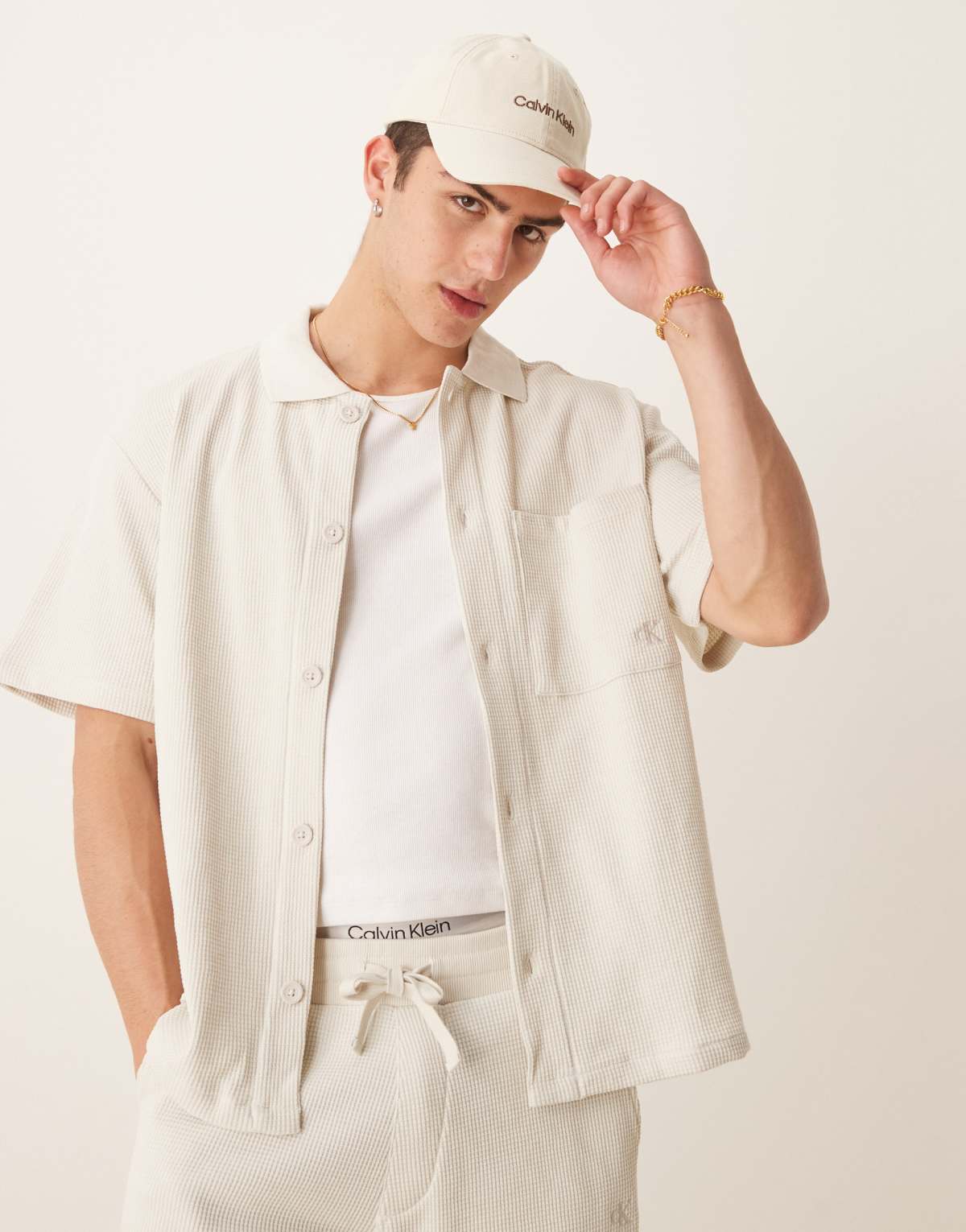 Calvin Klein Jean chunky waffle overshirt in off white