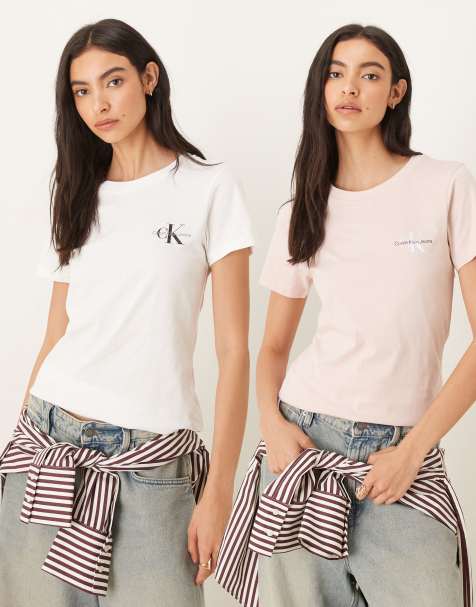 Calvin Klein Jeans 2-pack monologo slim fit t-shirts in pink and white - view 1