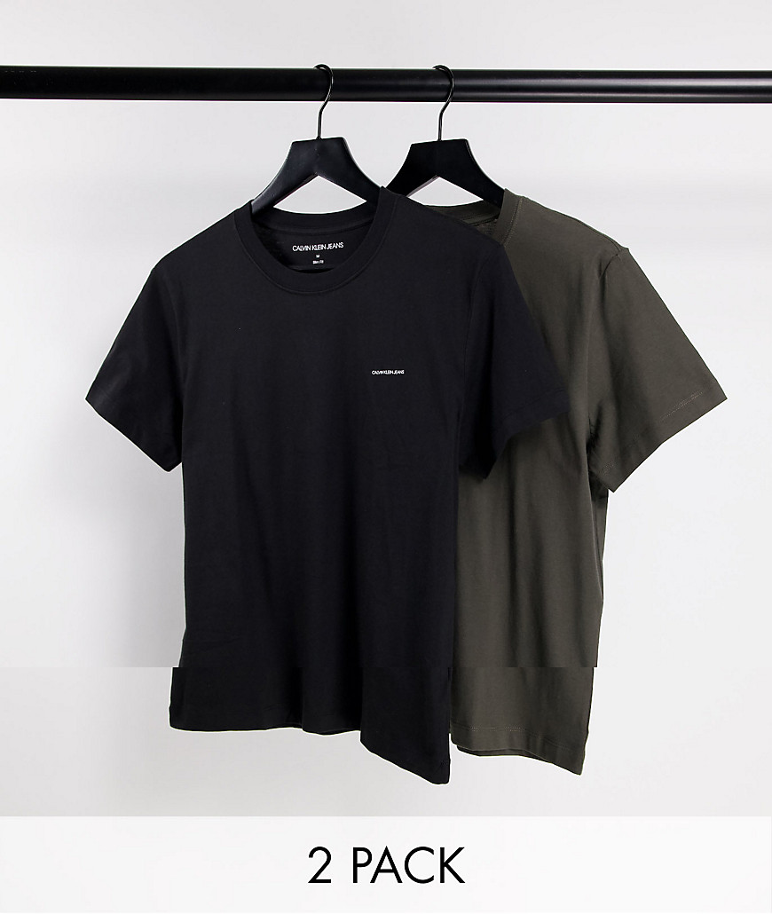 Calvin Klein Jeans 2-pack slim fit t-shirts in black/khaki-Multi