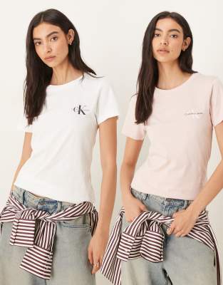 Calvin Klein Jeans - 2er-Pack Slim Fit T-Shirts in Rosa und Weiß mit Monogramm-Logo-Bunt