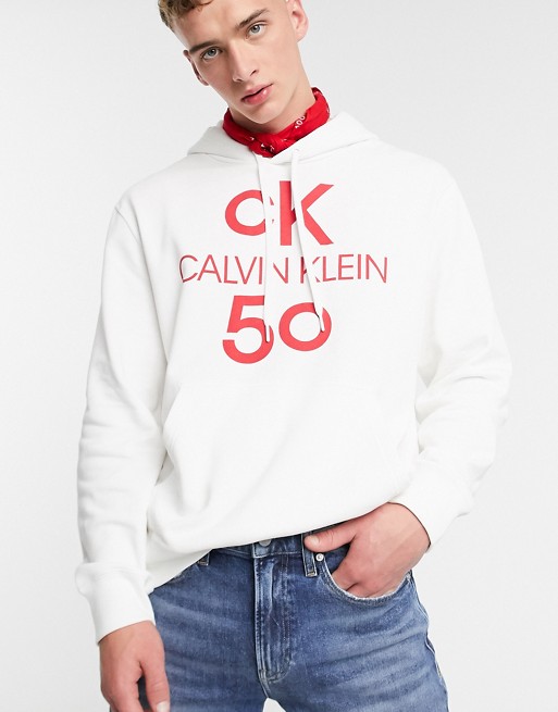 Calvin Klein Jeans 50 Limited Edition logo relaxed hoodie in white