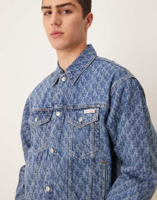 Calvin Klein Jeans 90s all over print denim jacket in mid wash, 3 of 4