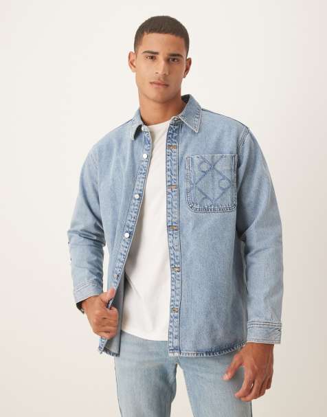 Calvin Klein Jeans 90s denim overshirt with logo pocket details in stone wash - view 1