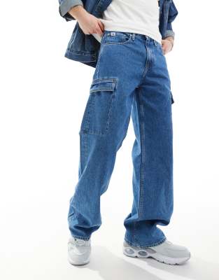 90's loose cargo jeans in mid wash-Blue