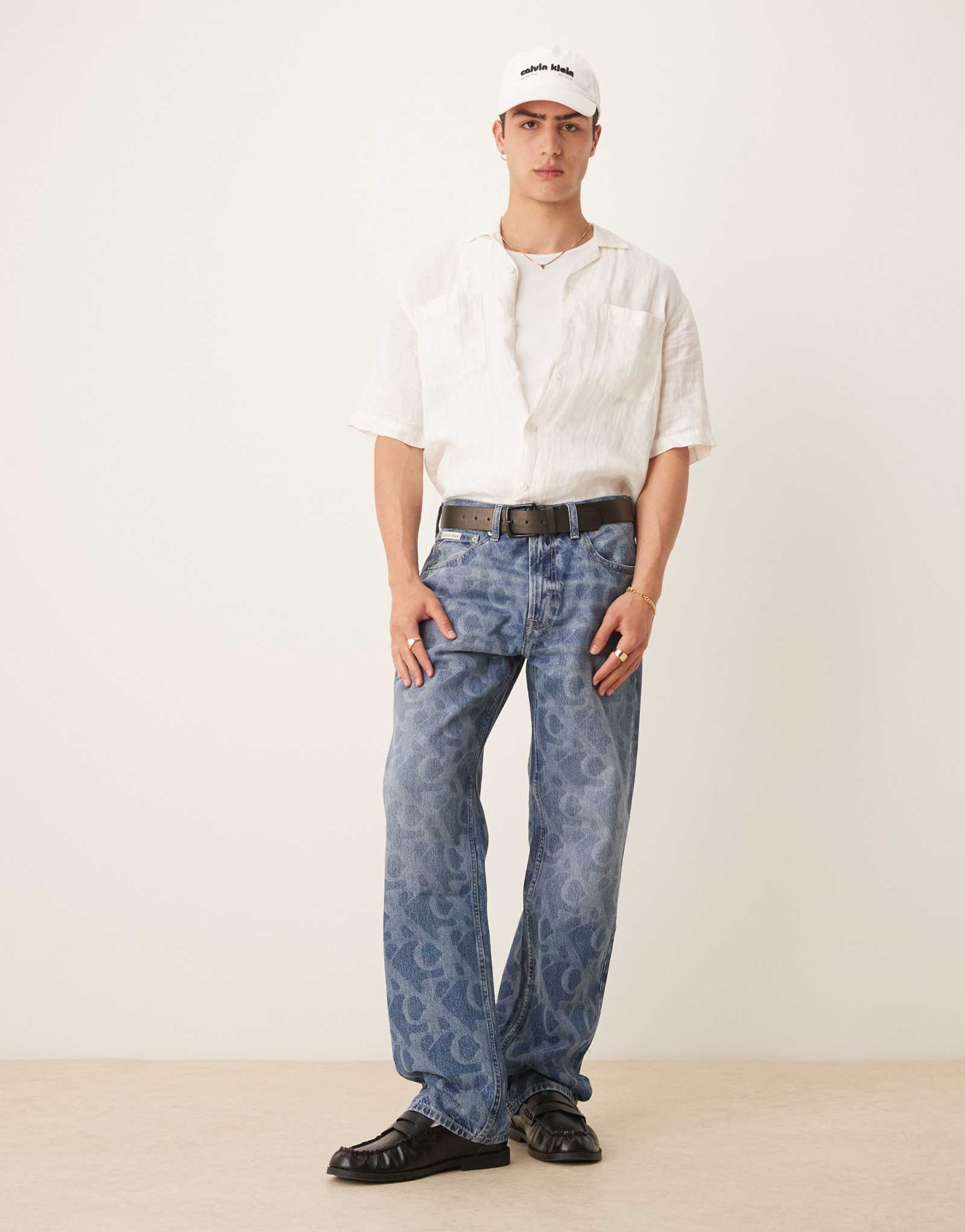 Джинсы Calvin Klein Jeans 90-х годов, прямые джинсы с принтом по всей длине, после средней стирки