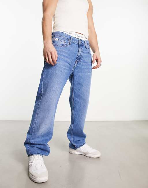 Mid Blue Wash Cut Out Waist Band 90'S Boyf Jeans