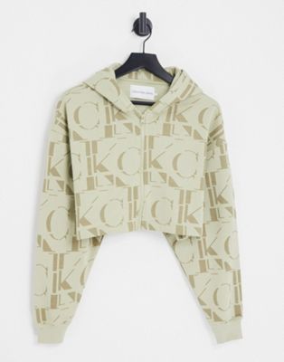 Calvin Klein Jeans all over print zip through cropped hoodie in khaki