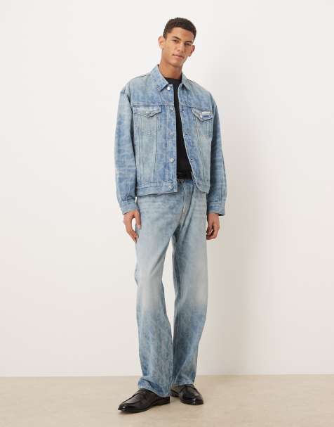 Calvin Klein Jeans allover logo denim trucker jacket co-ord in light wash blue - LBLUE - view 1