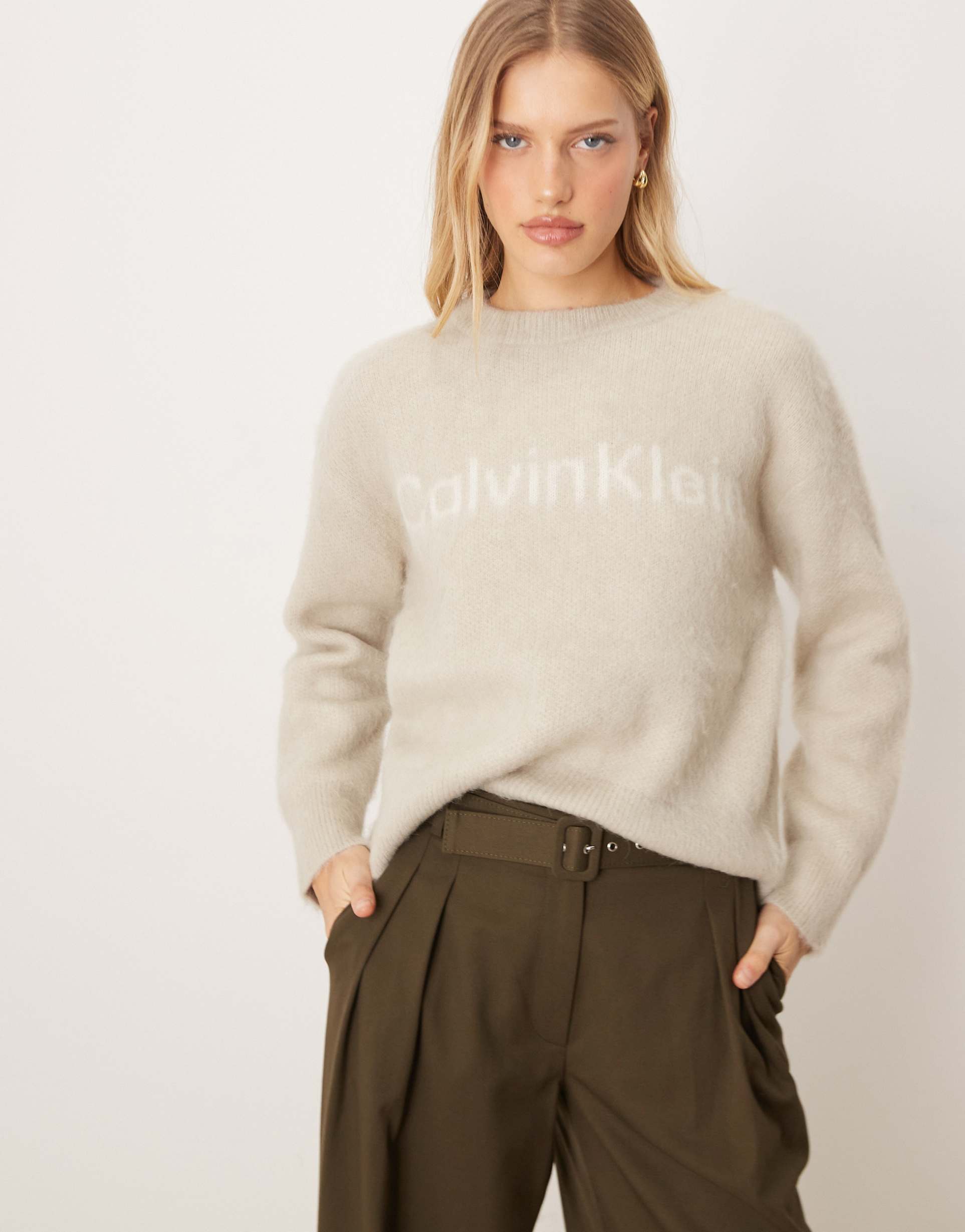 calvin klein jeans alpaca logo sweater in off white