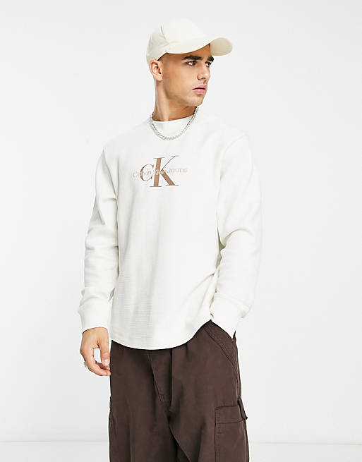 Calvin Klein Jeans archival monologo waffle relaxed fit long sleeve top in  ivory | ASOS