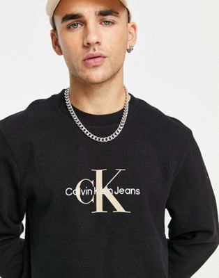 Calvin Klein Jeans archival monologo waffle relaxed fit sweatshirt in black - ASOS Price Checker